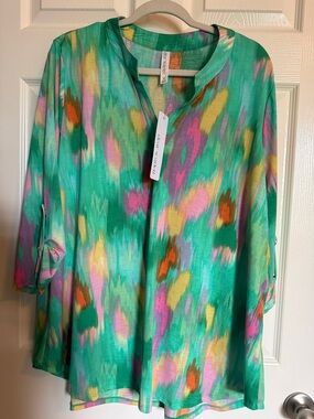 Green Multi-Color V-Neck Women’s Blouse